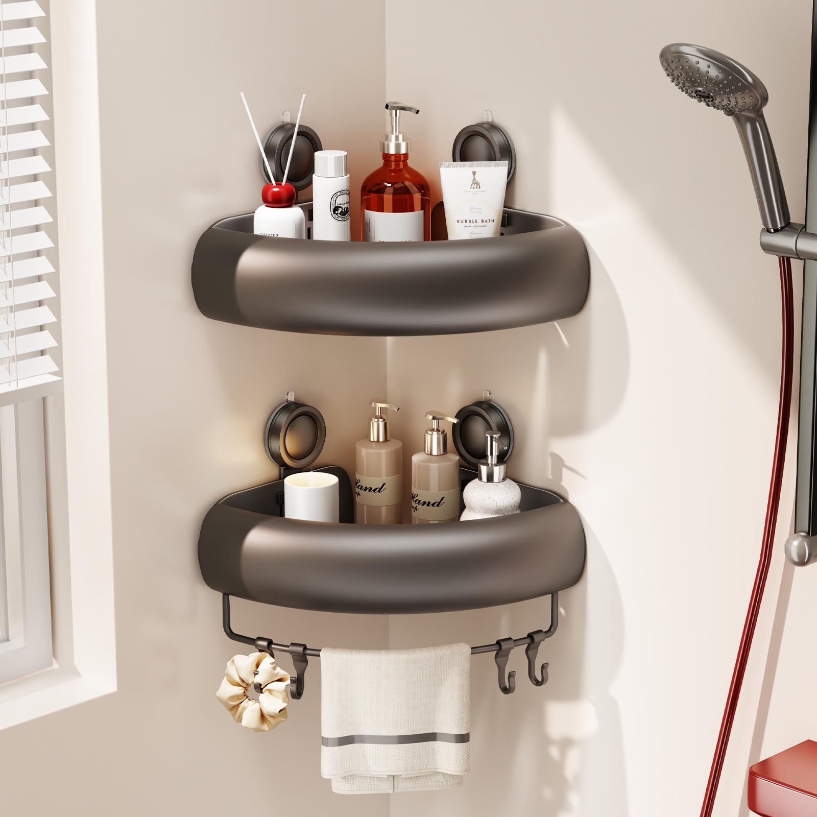 Voldra Corner Shower Caddy Suction Cup, Arc Shower Shelf Coner No Drilling Bathroom Coner Shelves Suction Shower Organiser Rack Adhesive Corner Caddy with Towel Bar Wall Mounted(2-Pack, Grey)