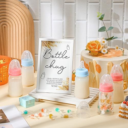 Miniatura 4 de Roowest Bottle Chug Baby Shower Game Favores Incluyendo Botella Temática Boho Chug Game Cartel de madera y 18 biberones rosa y azul para baby