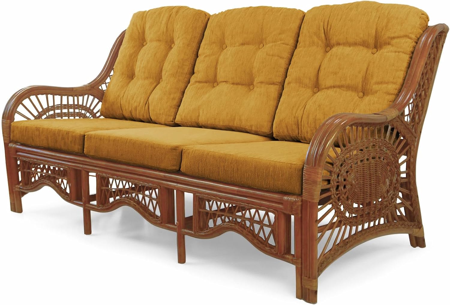 Malibu Lounge Three-Seater Sofa Natural Rattan Wicker Handmade Design (Light Brown Cushions, Colonial)