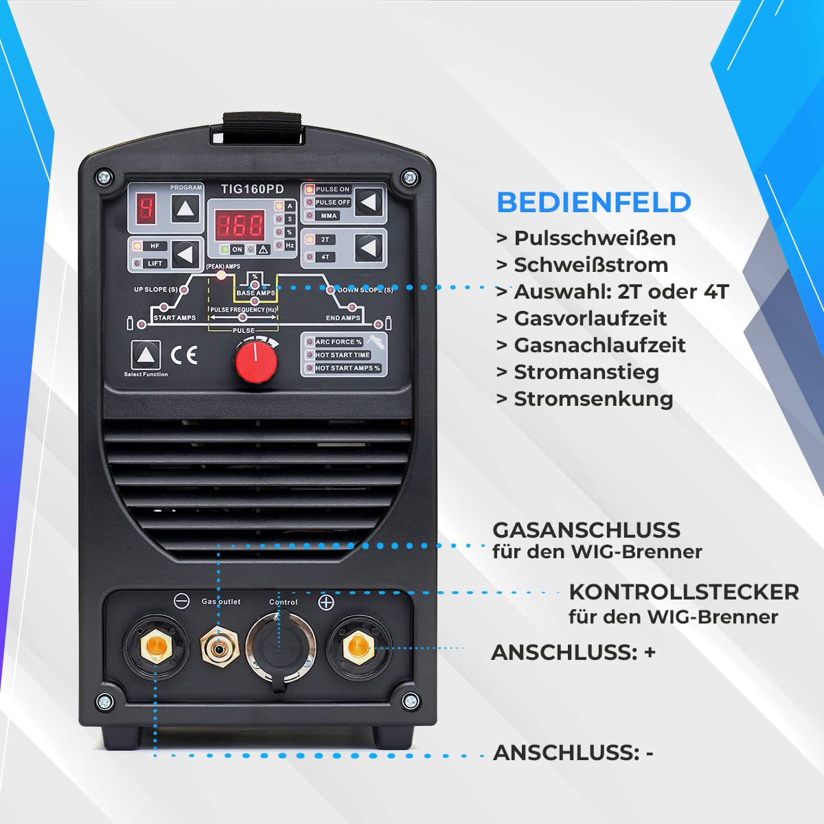 IPOTOOLS Spawarka TIG WIG 160PD – spawarka TIG WIG 160 A, w pełni cyfrowa spawarka inwertorowa z zapłonem HF, funkcją pulsu, MMA, IGBT, mikroprocesor 32-bitowy, 7 lat gwarancji