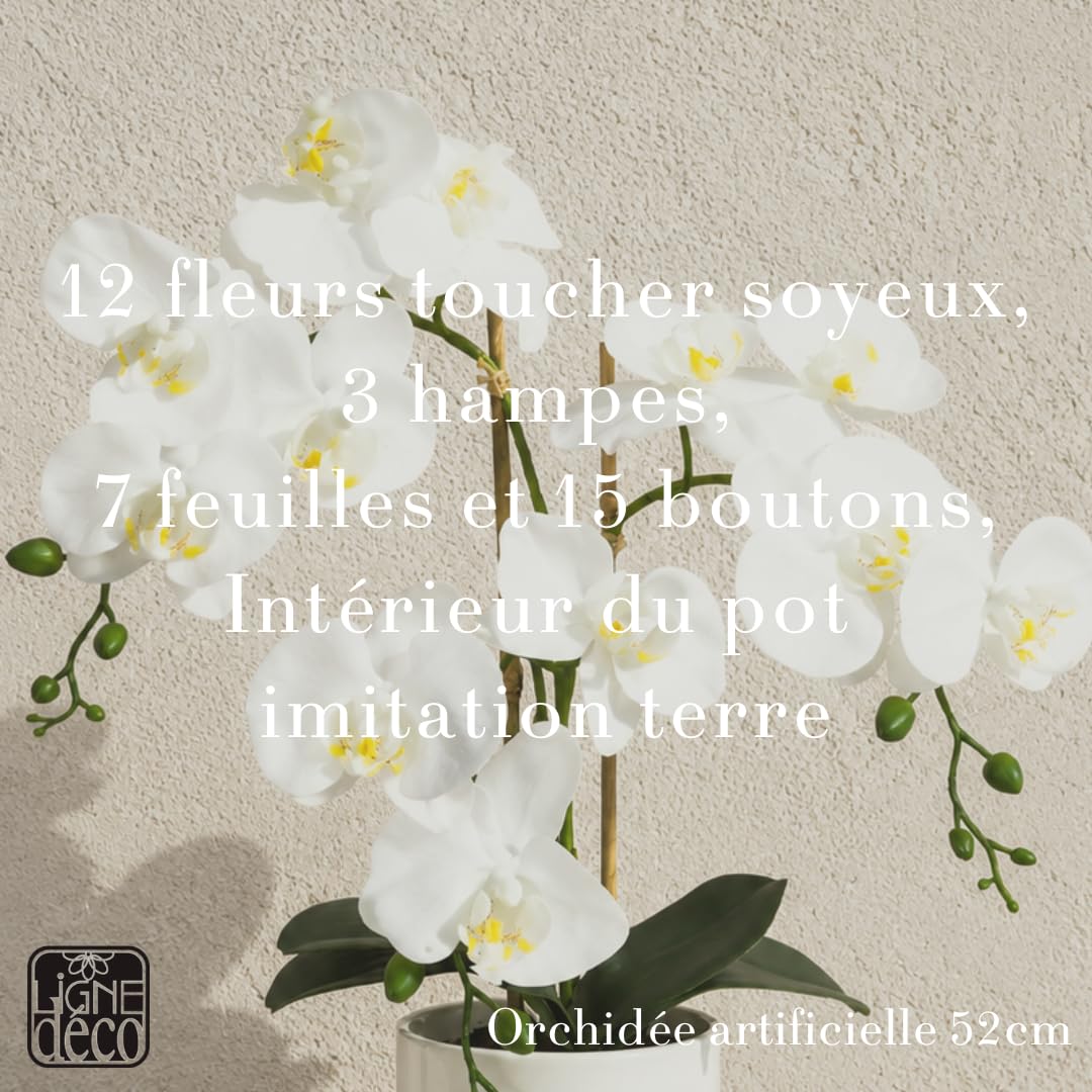 Ligne Déco - Orchidée Artificielle 52cm | Pot Plastique Blanc Intérieur Imitation Terre