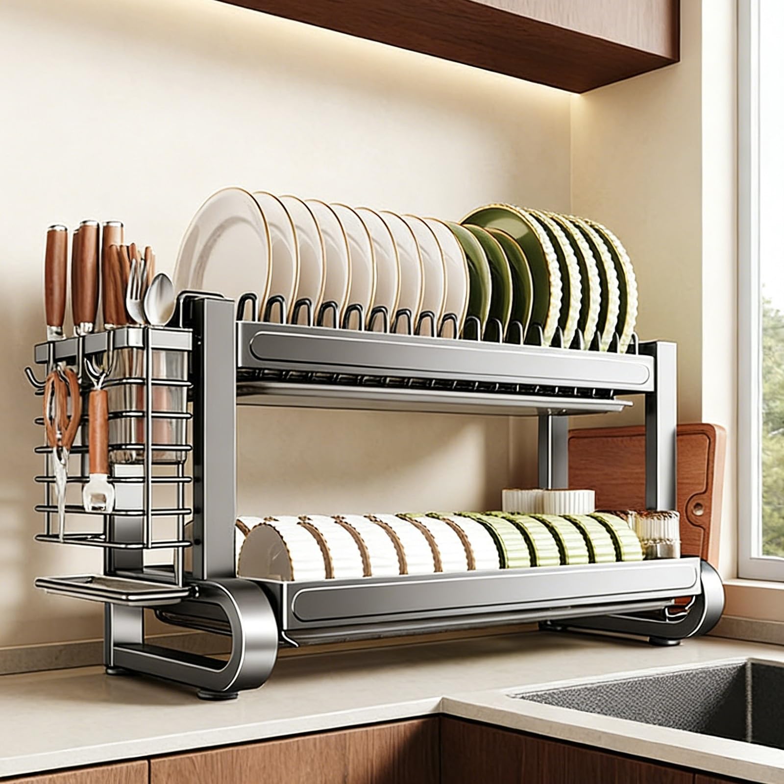 Scolapiatti multistrato in acciaio inox per lavello da cucina con accessori, design semplice ed elegante, nero (43 x 26 x 33 cm)