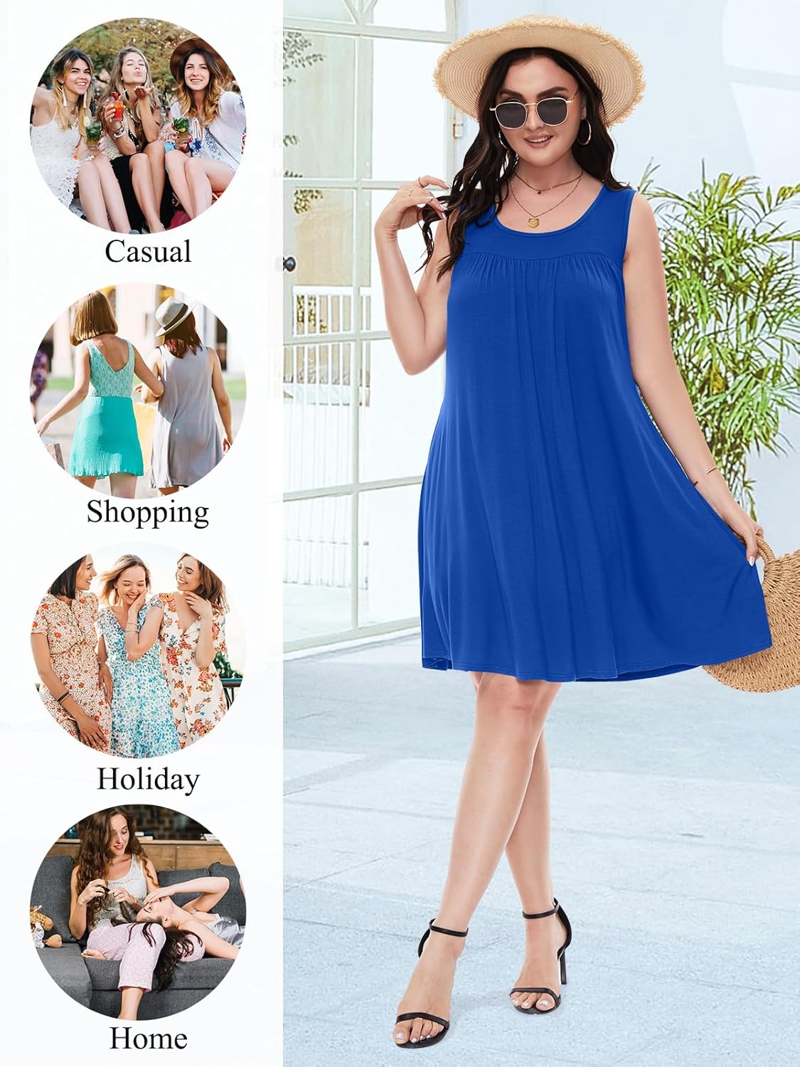 BELAROI Women Plus Size Summer Dresses Beach Sundress Casual Swing Scoop Neck Pleated Sleeveless Tshirt Tank Dress Swimsuit Cover Ups with Pockets (1X, Royal Blue) - Image 4