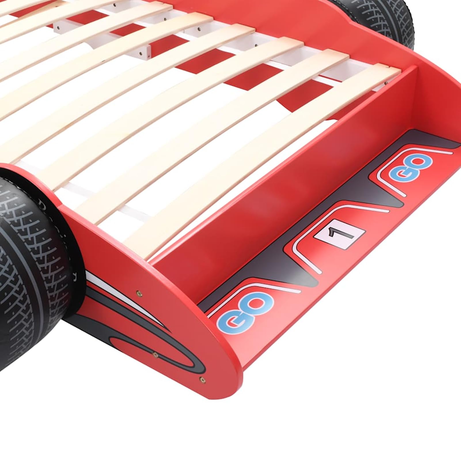 Kinderbett im Rennwagen-Design 90 x 200 cm Rot, stabiles MDF-Gestell und Holz-Lattenrost, Schutzgeländer auf beiden Seiten, für Kinder ab 4 Jahren