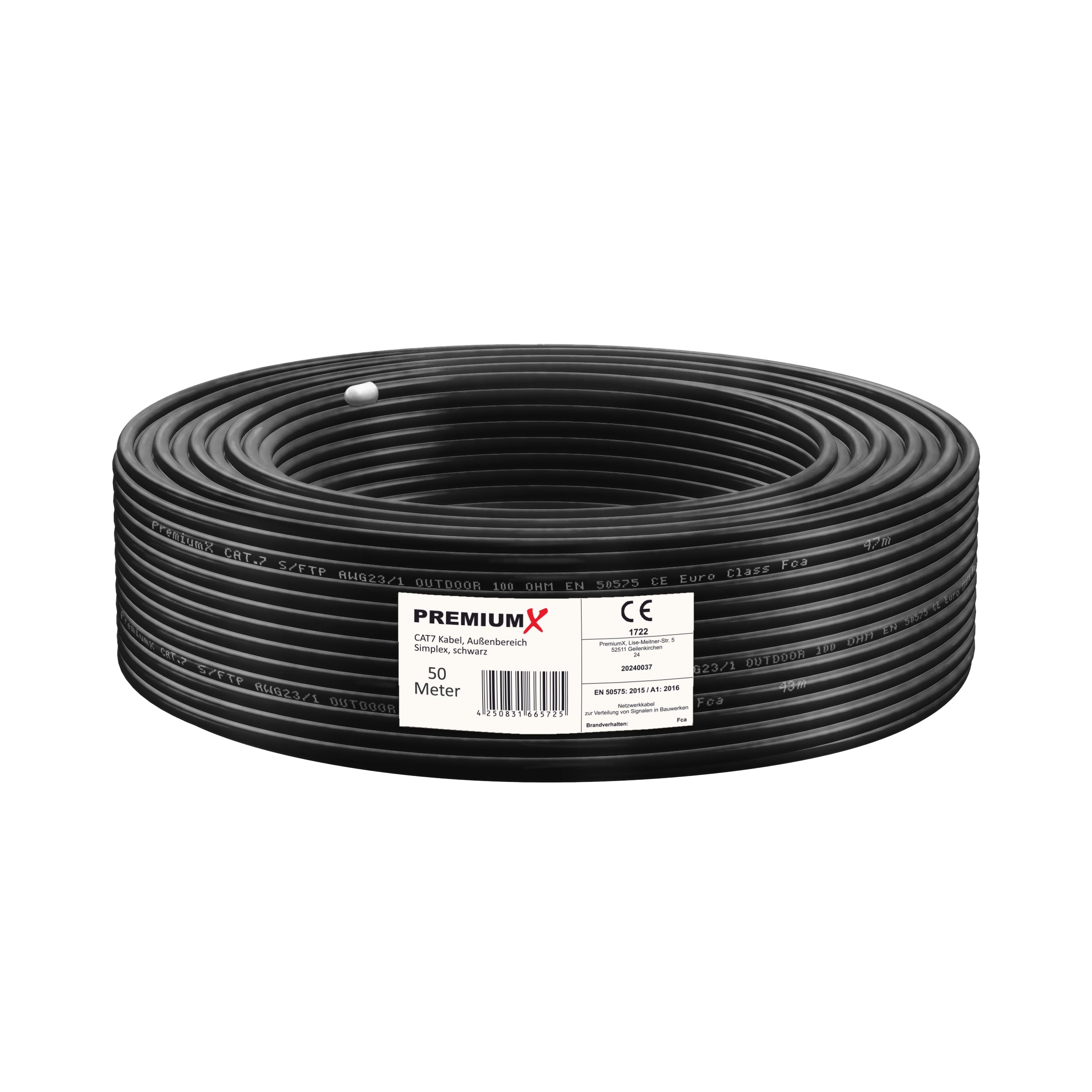 Premium X Cavo di rete CAT 7 per esterni, 50 m, 10 Gbps, cavo dati Ethernet, cavo LAN, per esterni, S/FTP AWG23/1, in rame puro, nero
