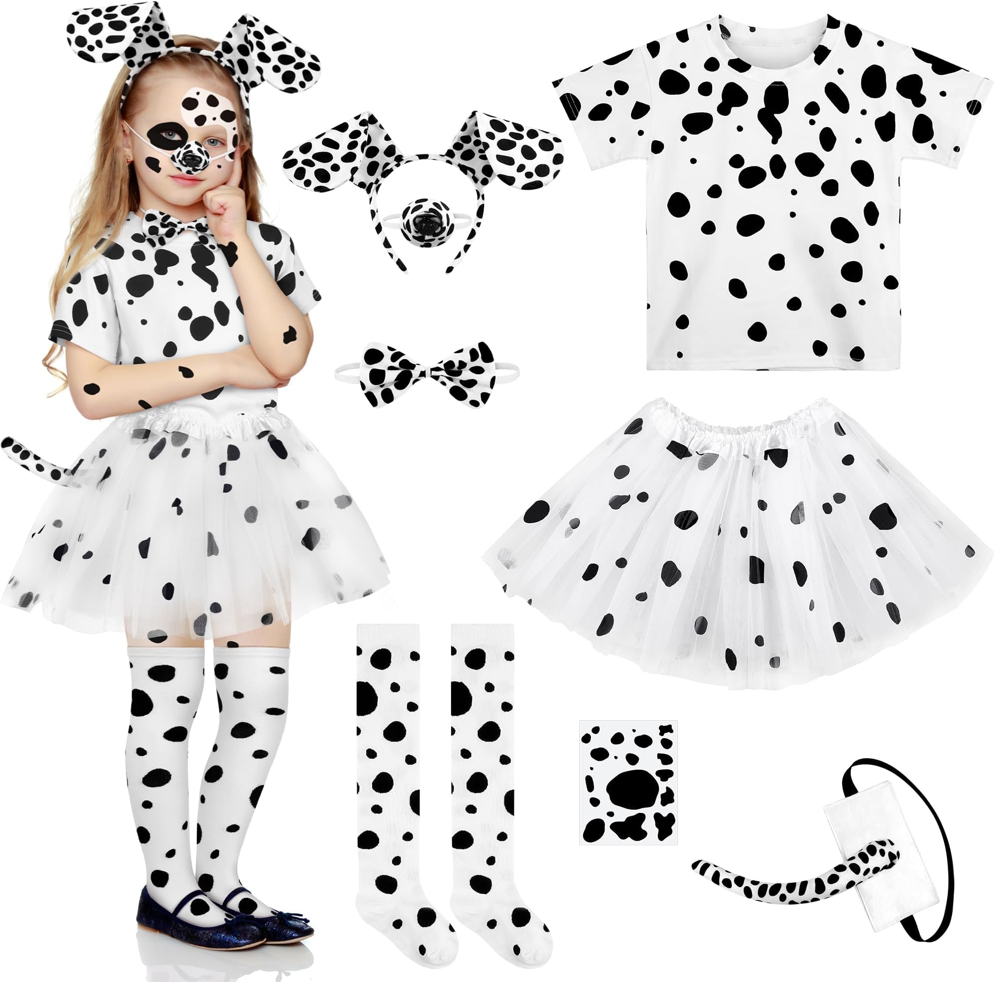 SOMSOC 8 Pieces 101 Day of School Girl Dalmatian Dog Costume Set 100 Days T-shirt Knee Socks Headband Tail Tattoo Stickers
