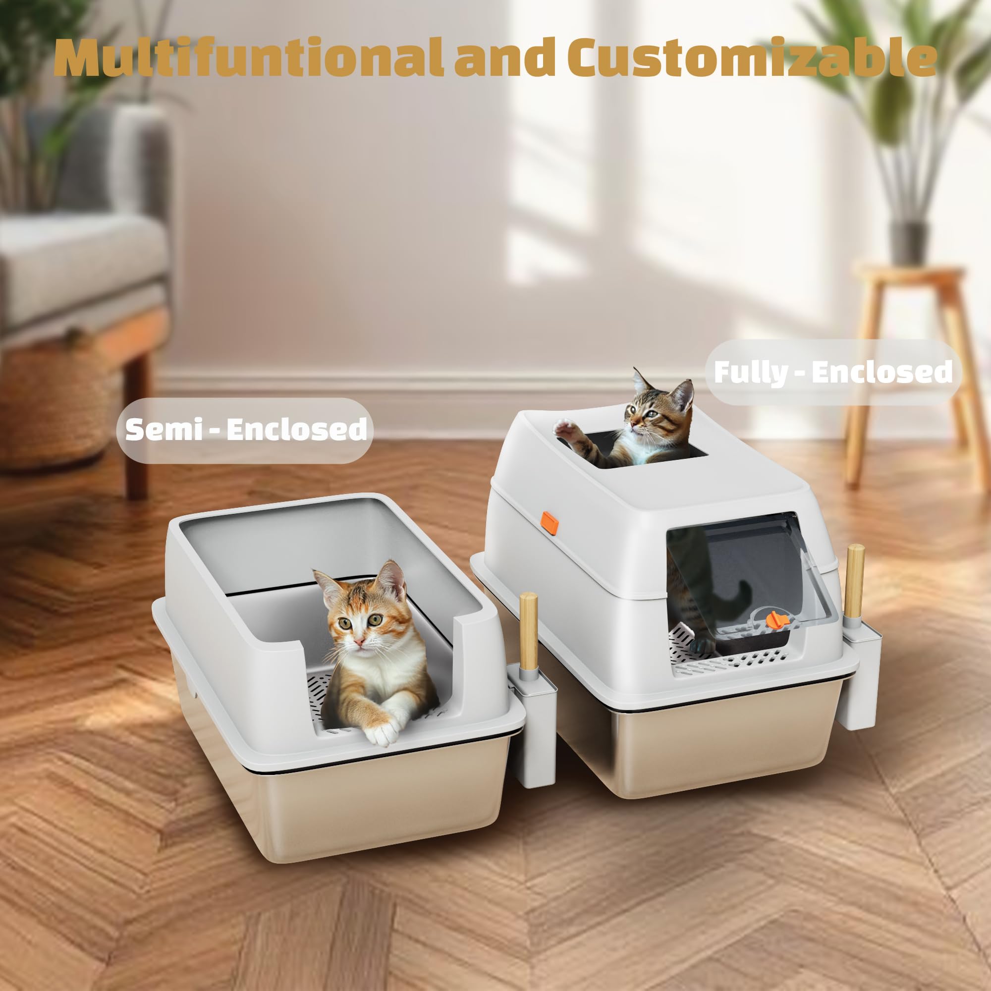 Tom & Sora Creations Stainless Steel Sifting Litter Box, Sifting Cat Litter Box for Pine Pellets and Clay Litter, Multifunctional, Low Maintenance, Odor Free, Leak Free, Enclosed, XL, Grey - image 6