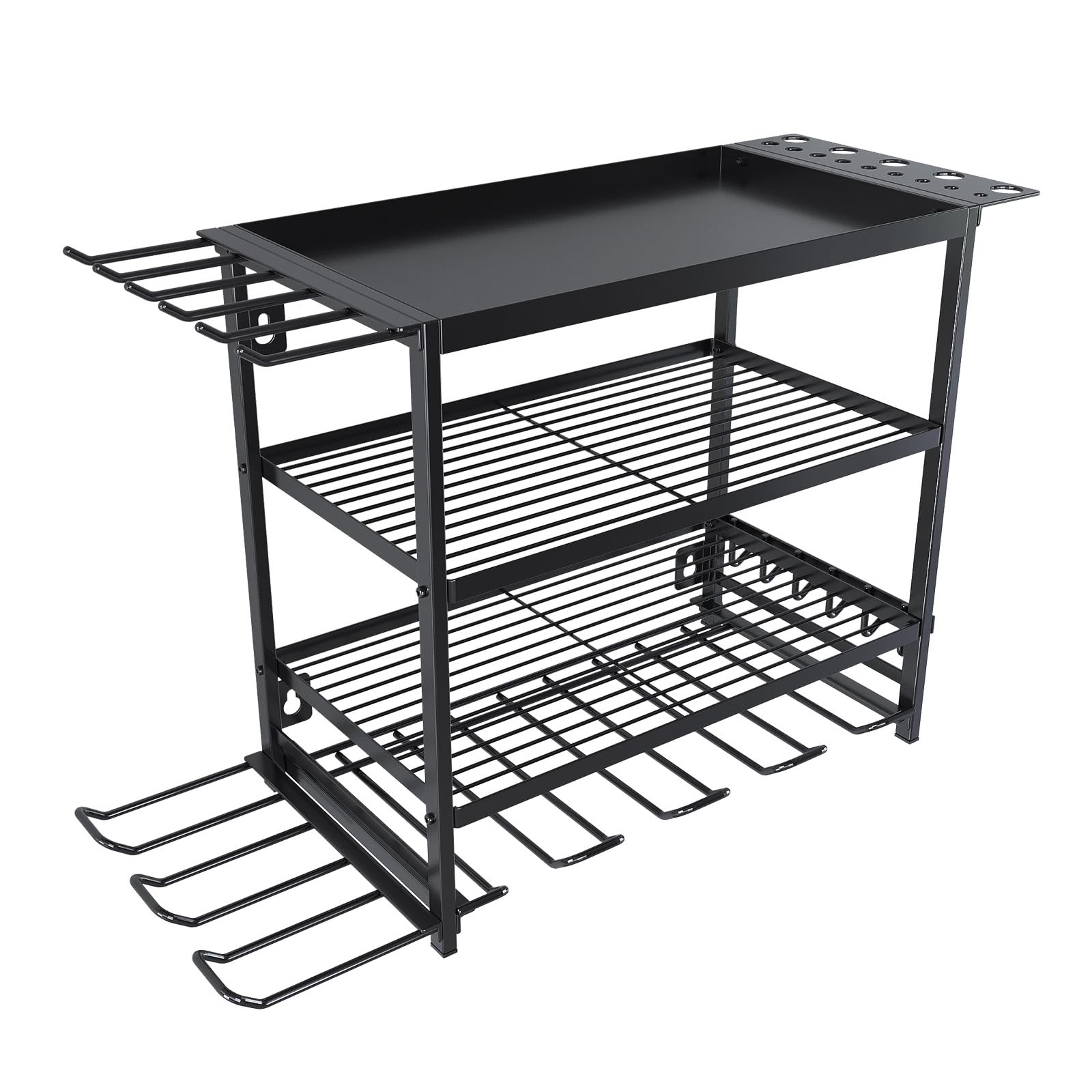 4 - Tier Wall Mounted Power Tool Organiser, Garage Tool Storage Rack with 6 Drill Holders, Utility Metal Tool Shelf for Garage, Home, and Workshop in Black