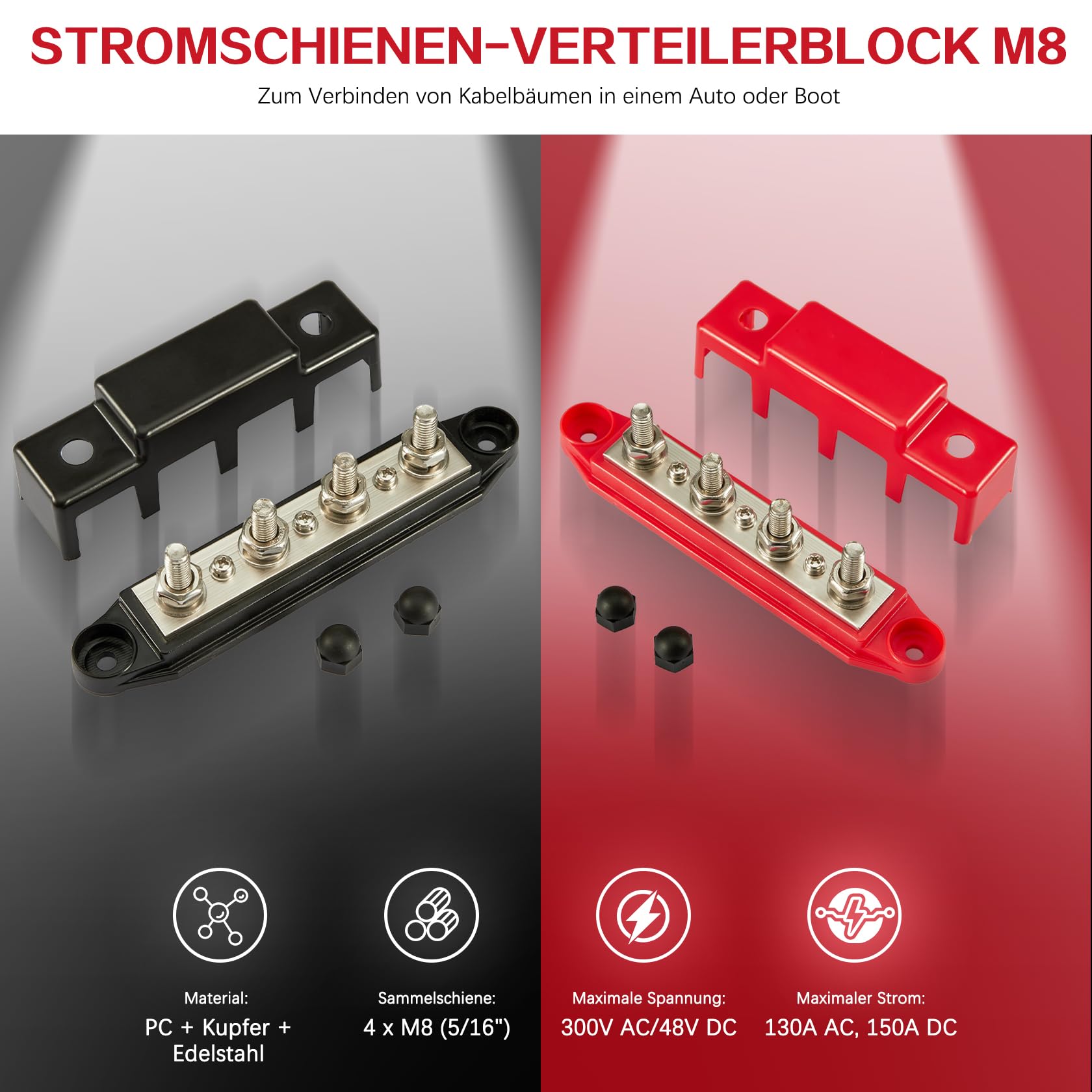 Pindex Sammelschienen Verteilerblock 250AMP DC 12V-48V mit 4 x M8 Klemmenbolzen für Wohnmobile, Schiffe, Yachten, Auto, LKW