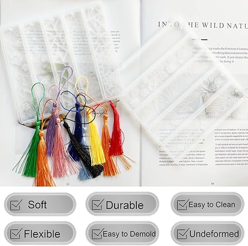 Miniatura 5 de Szecl - Molde de resina para marcapáginas rectángulo, con 10 hojas de borla, textura de flores, resina epoxi, molde de fundición de resina epoxi,