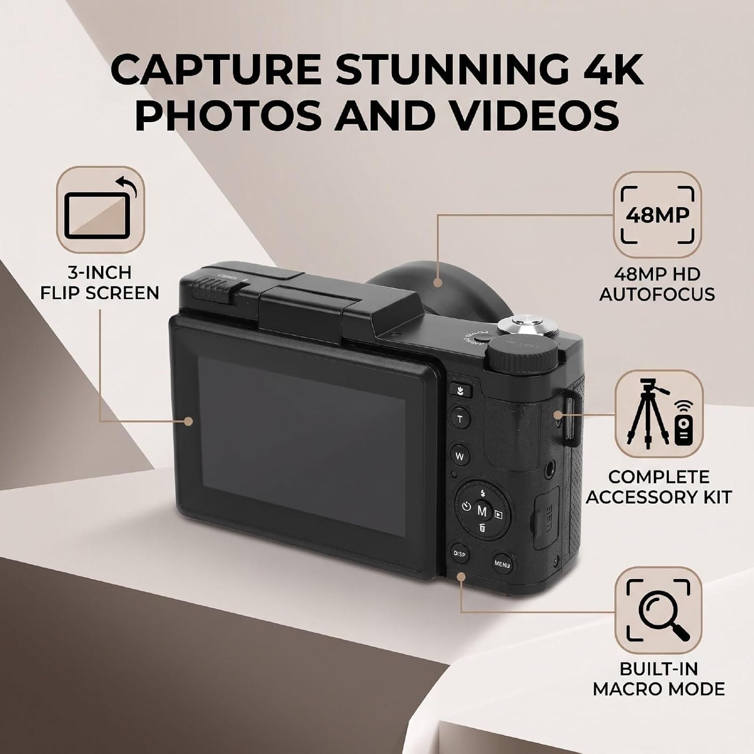 ASHATA 2026Upgraded 4K Digital Camera with Creator Accessory Kit, 48MP HD Autofocus Remote Control Vlogging Camera, with Flip Screen Tripod Mic Wide Angle Lens image 3