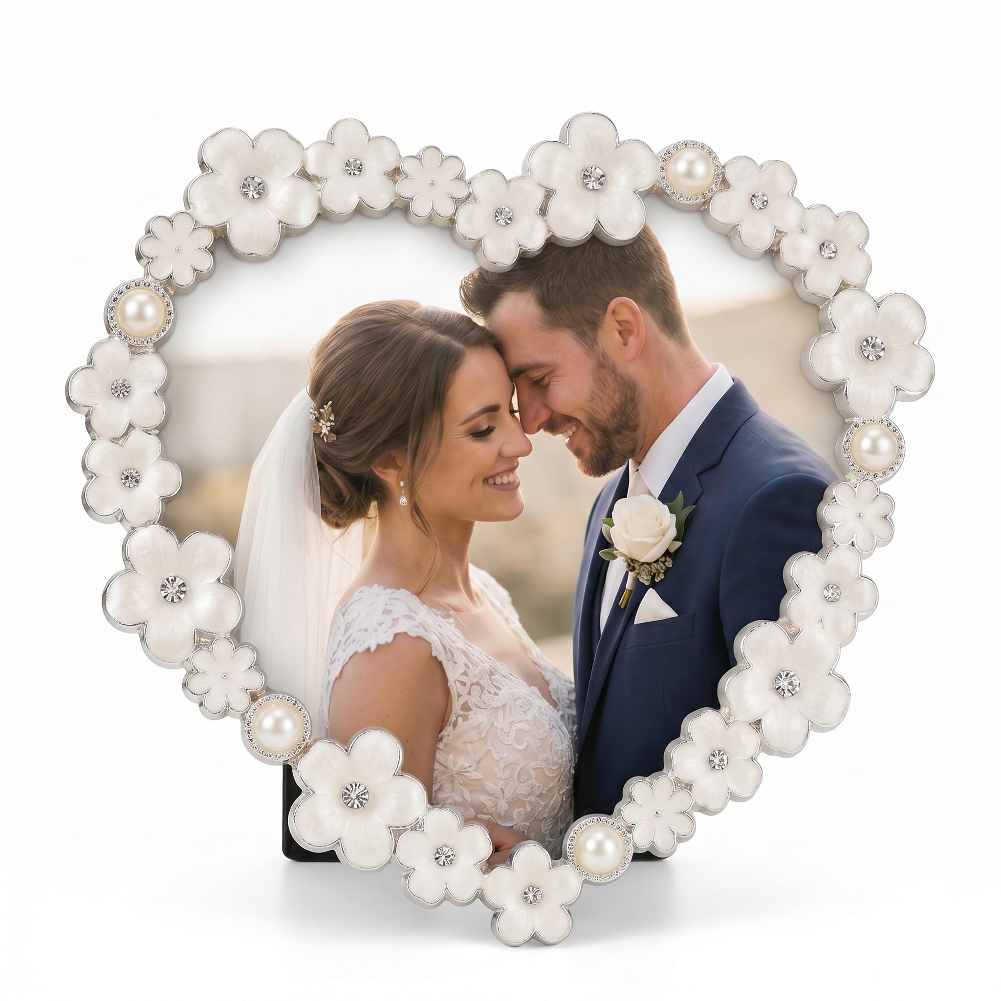 Pearl White Daisy Heart Photo Frame, White, Heart-Shaped, for 3.5x4 Inch Photo, Anniversaries, Weddings, Valentine's Day