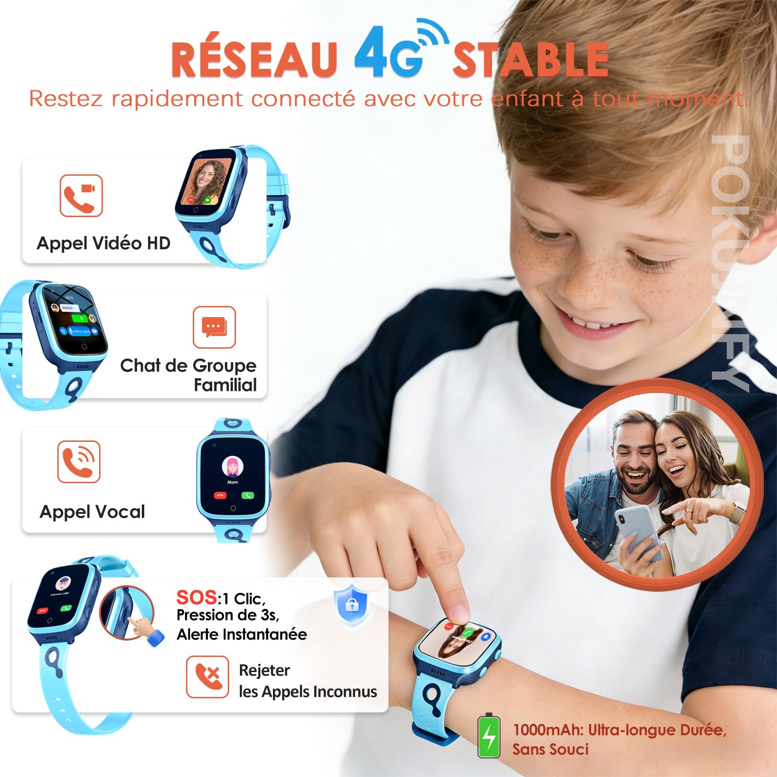 4G Montre Connectée Enfant pour Garçon Fille - Traceur GPS Tracker | Appel Vidéo Téléphone Chat Vocal SOS Mode Classe Calculatrice Reveil Jeu Podometre - Numérique Étanche Montre Enfant Cadeau