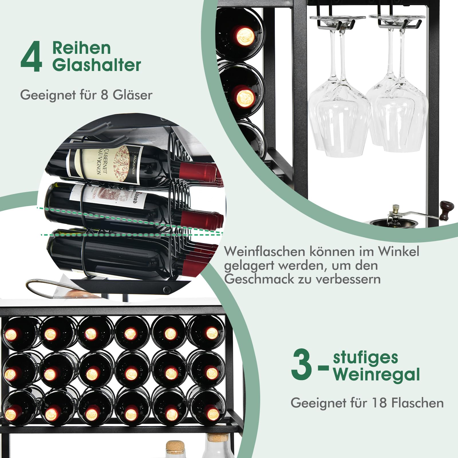 COSTWAY 120cm Weinregal mit Glashalter & Regalen, 3 Ebenen Flaschenregal für 18 Weinflaschen & 8 Gläser, 120 x 40 x 91 cm (Weiß)