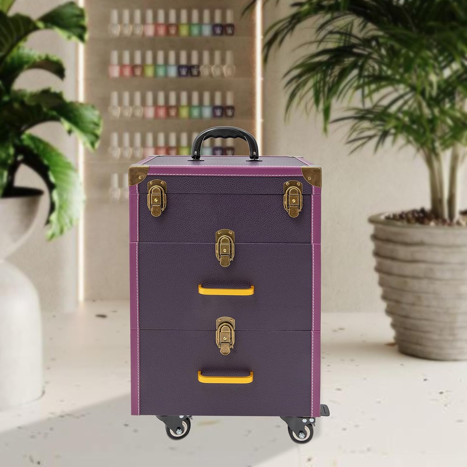 Rolling Cosmetic Trolley Storage Luggage Box, Salon Cosmetic Trolley Makeup Case, Portable Beauty Suitcase With Lockable Drawer&Silent Universal Wheel(2 With Brakes), 2 Keys(Purple, Bronze Color)