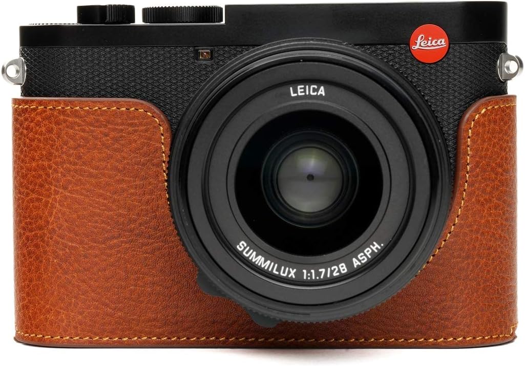 Leica Q2 Camera Case, BolinUS Handmade Genuine Real Leather Half Camera Case Bag Cover for Leica Q2 Camera Bottom Opening Version + Hand Strap (LavaBrown)