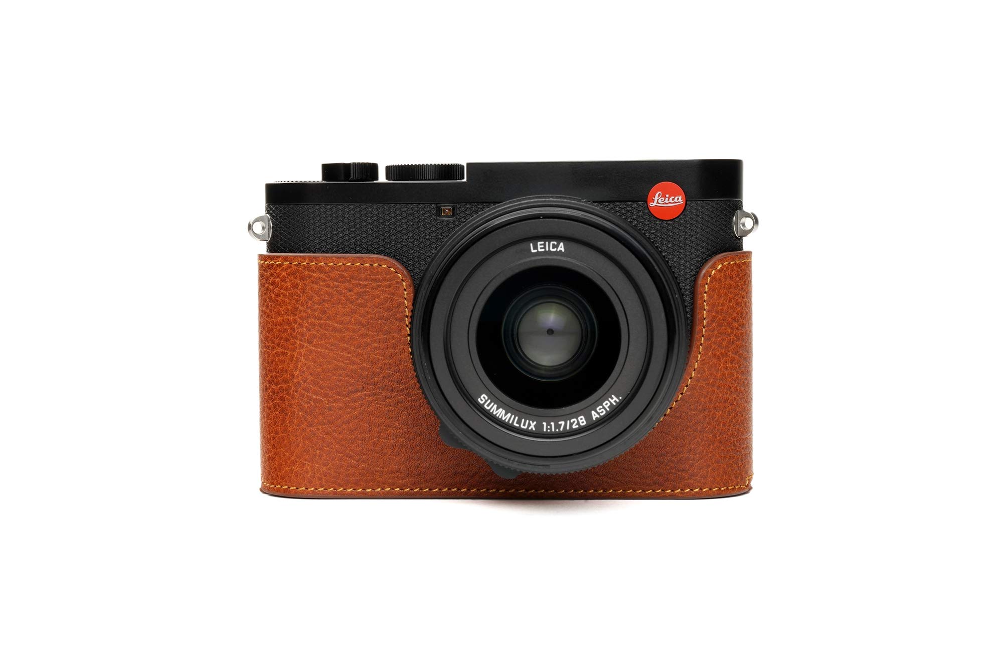 Leica Q2 Camera Case, BolinUS Handmade Genuine Real Leather Half Camera Case Bag Cover for Leica Q2 Camera Bottom Opening Version + Hand Strap (LavaBrown)