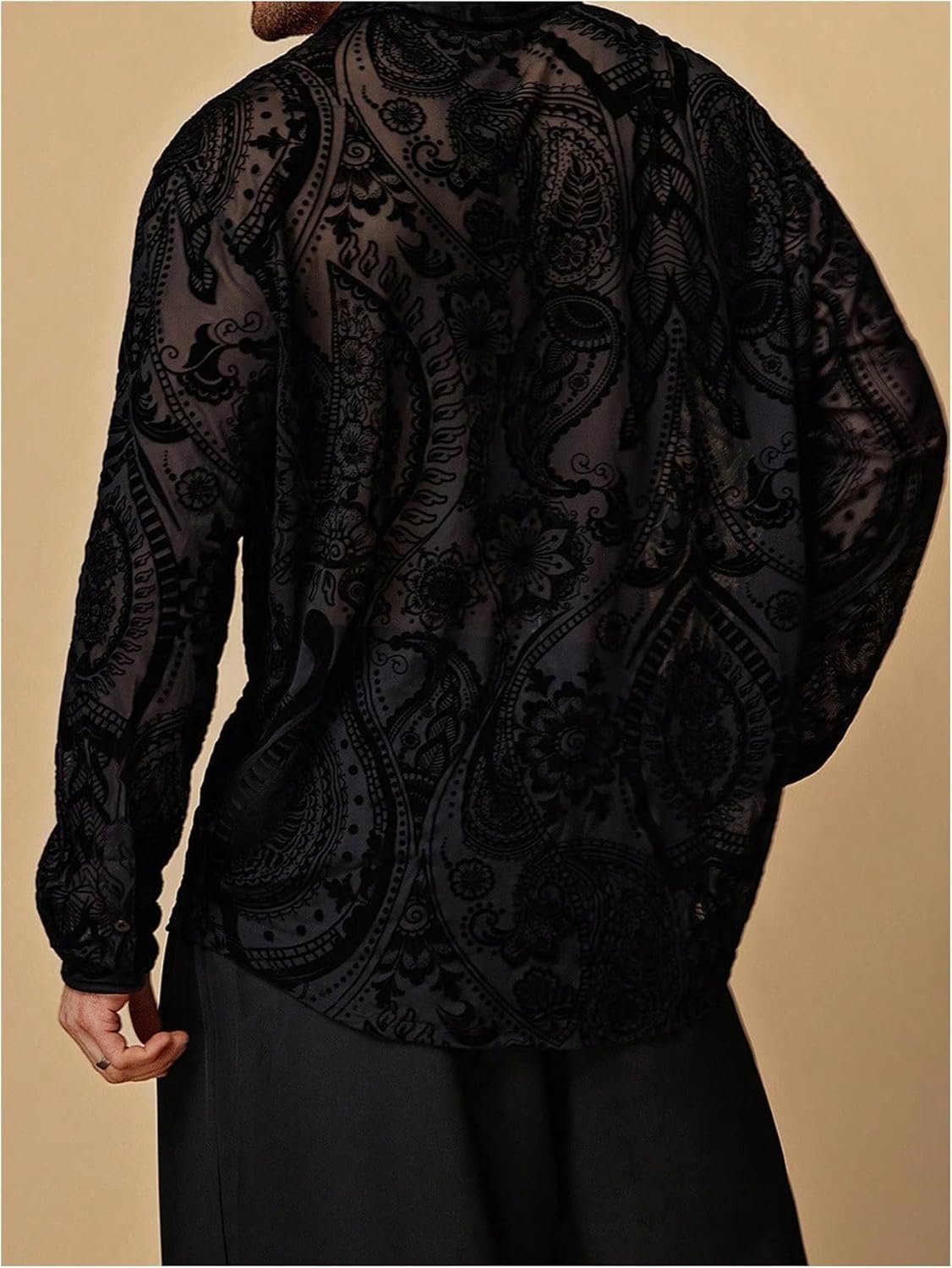 WDIRARA Men's Big and Tall Floral Paisley Sheer Mesh Button Down Shirt Vacation Long Sleeve Top