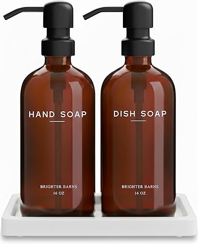 Brighter Barns - Dispensador de jabón para manos y platos de vidrio ámbar - Juego de dispensador de jabón de cocina con bandeja para cocina, Airbnb,