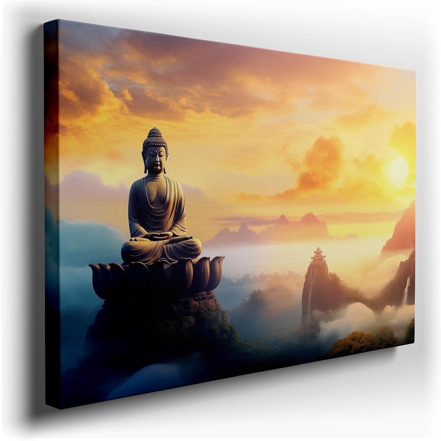 Canvas for Living room. Dawn of Serenity: Embracing Peace atop the Mountain Throned Buddha, 27 x 18 inch Canvas Wall Art - Surrealistic Visions - Modern Home Decor - 69x46 cm (27x18 inch)