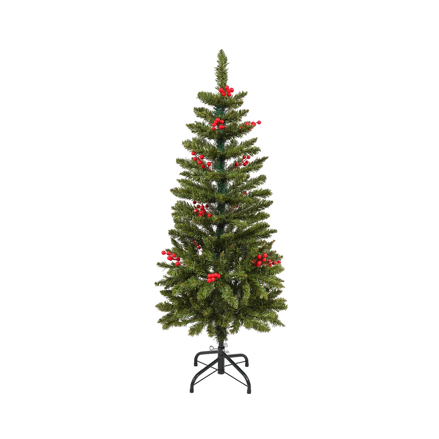 4 Feet Hinged Slim Pencil Red Berries Artificial Fir Christmas Tree with Foldable Metal Stand,180 Tips,Green