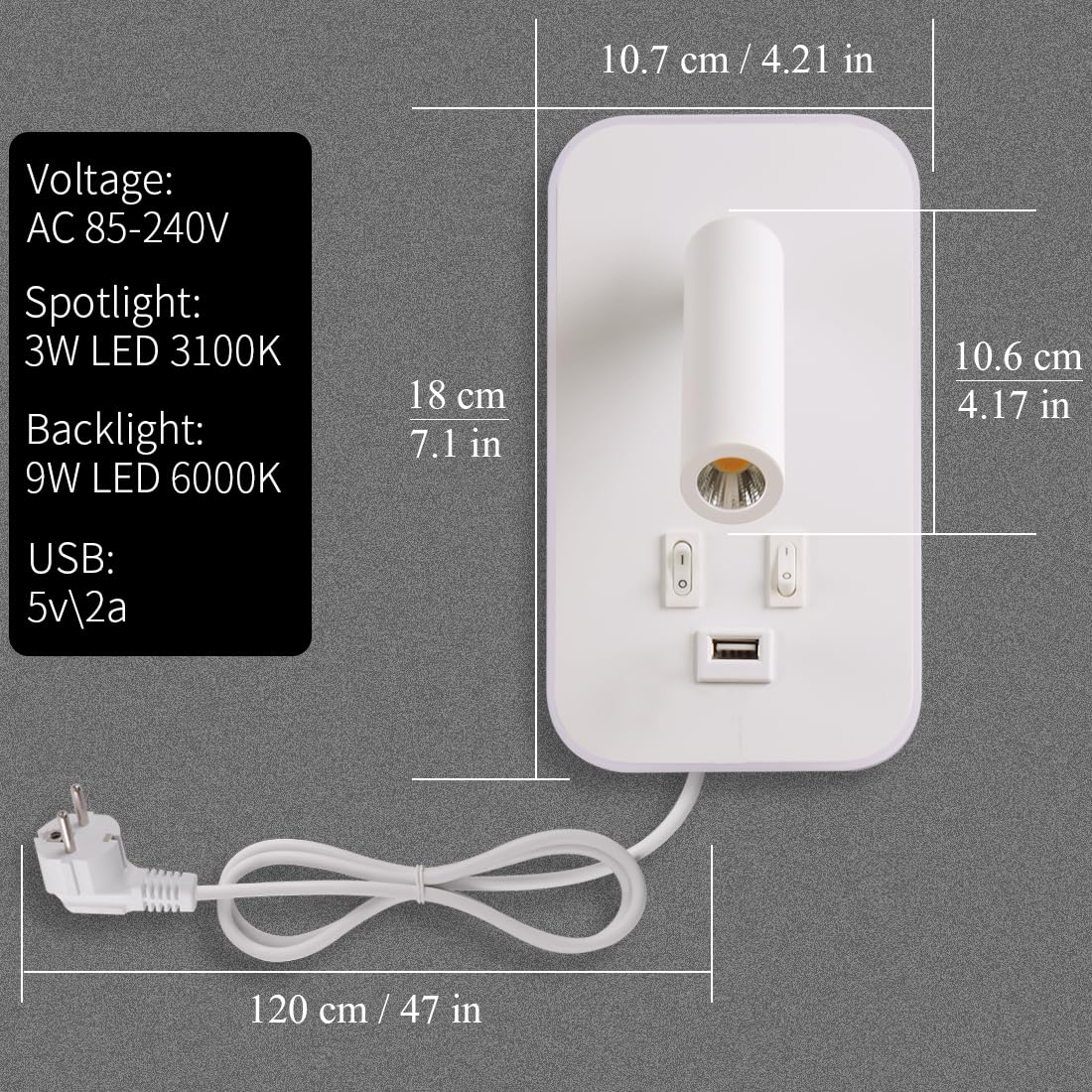 Applique murale LED,liseuse de chevet avec interrupteur,port de charge USB,éclairage d'ambiance réglable pour chambre à coucher (lumière naturelle 3W+lumière chaude 9W) Avec fiche câble,Blanc