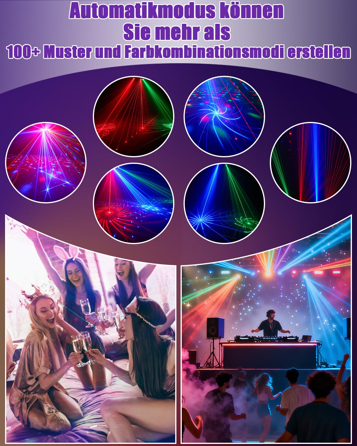 7-in-1 Partylicht LED RGB Musikgesteuertes Discolicht mit Lichteffekt | Musterprojektion,Musik-Disco-Party-Bühnenlichter,Geeignet für Geburtstagsfeiern, Halloween, Clubs, Festivals