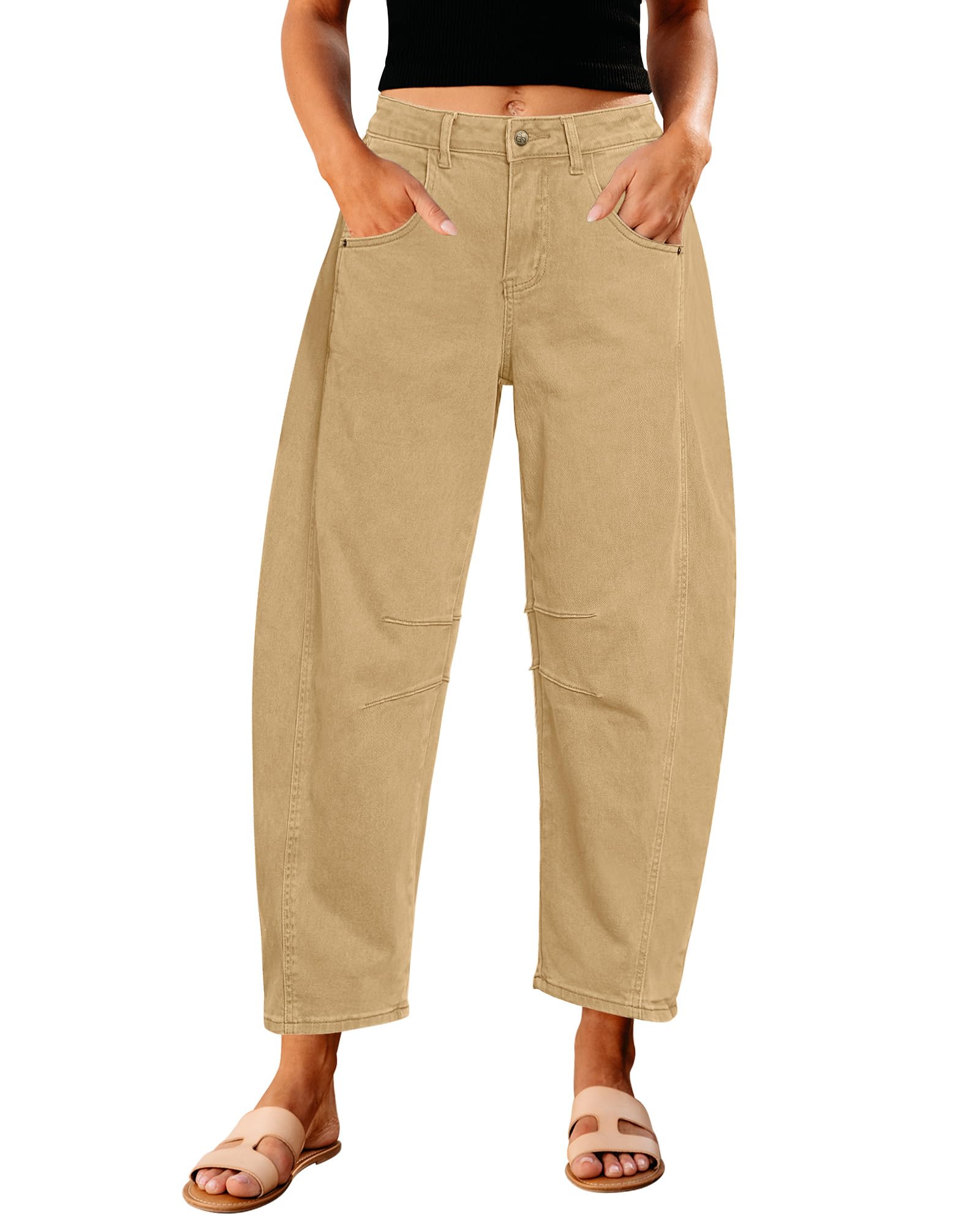 GRAPENT Barrel Jeans for Women High Waist Baggy Cropped Stretch Denim Pants | Barrel Leg Cut, High Rise, 26'' Inseam, Seam Details, Trendy Crop Jeans, Relaxed Fit, For Daily Wear, Dressy Casual Outfit