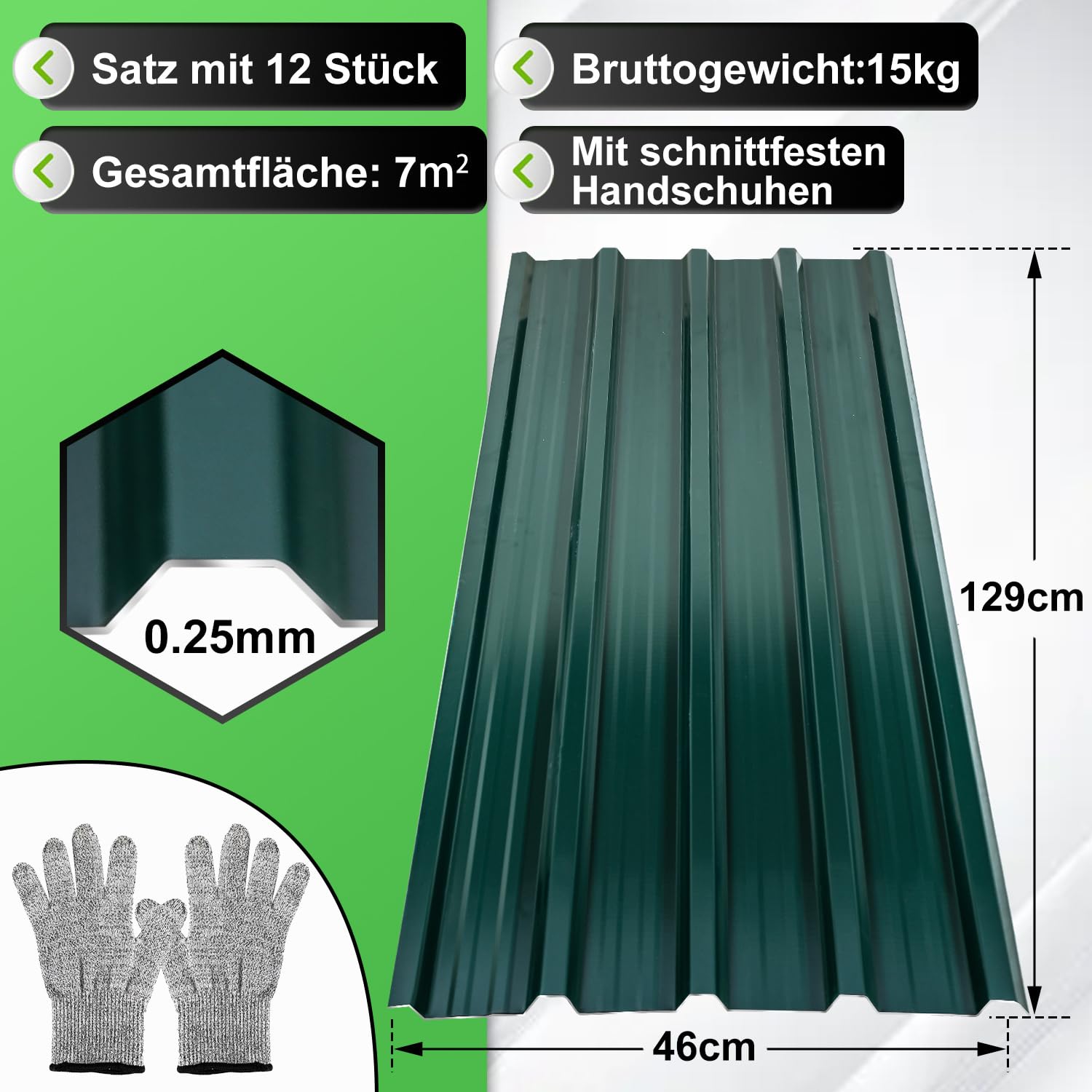 Chapa trapezoidal, 36 unidades, 129 x 46 cm, juego de chapa de techo de acero galvanizado de 21 m² de 0,25 mm, placas de techo para cobertizos de jardín, cobertizos, garajes y garajes, incluye