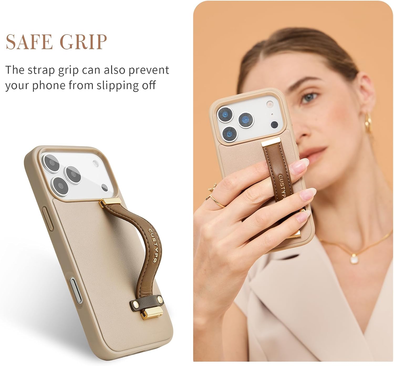 CUSTYPE Compatible with iPhone 17 Pro Case with Adjustable Wristband Strap Kickstand,handstrap Grip Loop Strap Leather Case for Women Girl for iPhone 17 Pro 6.3inch-Brown - Image 4