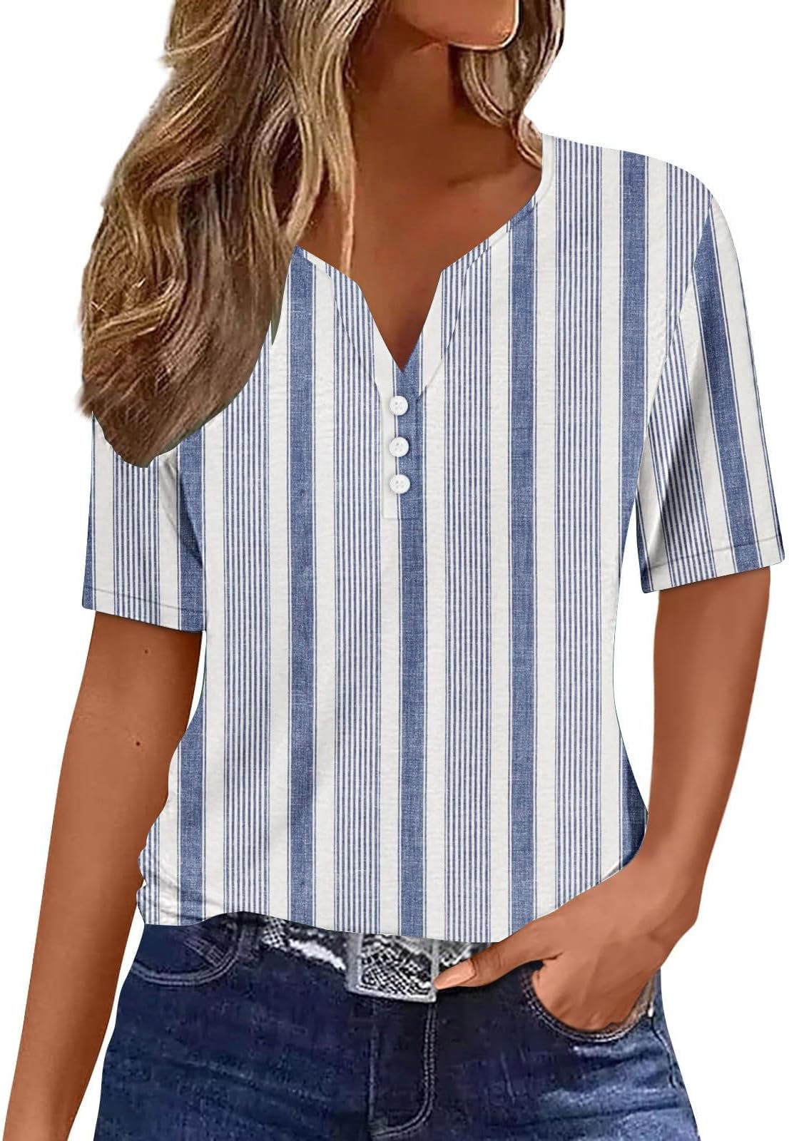 Women Fashion Stripe Printing Short Sleeve Shirts Blouse Summer Button V-Neck Casual Tops T-Shirt Tunics
