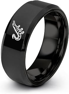 Gift for Wildlife Fan - Alligator Ring - Anniversary Wedding - 8mm - Gunmetal Black Silver - Brushed Polished - Personalized Custom Engraving - Tungsten Carbide - Flat Dome Bevel - Band - Men Women