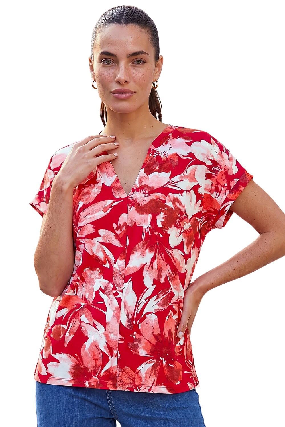 Roman Women's Red Floral Print Notch Neck T-Shirt In | : Size 20
