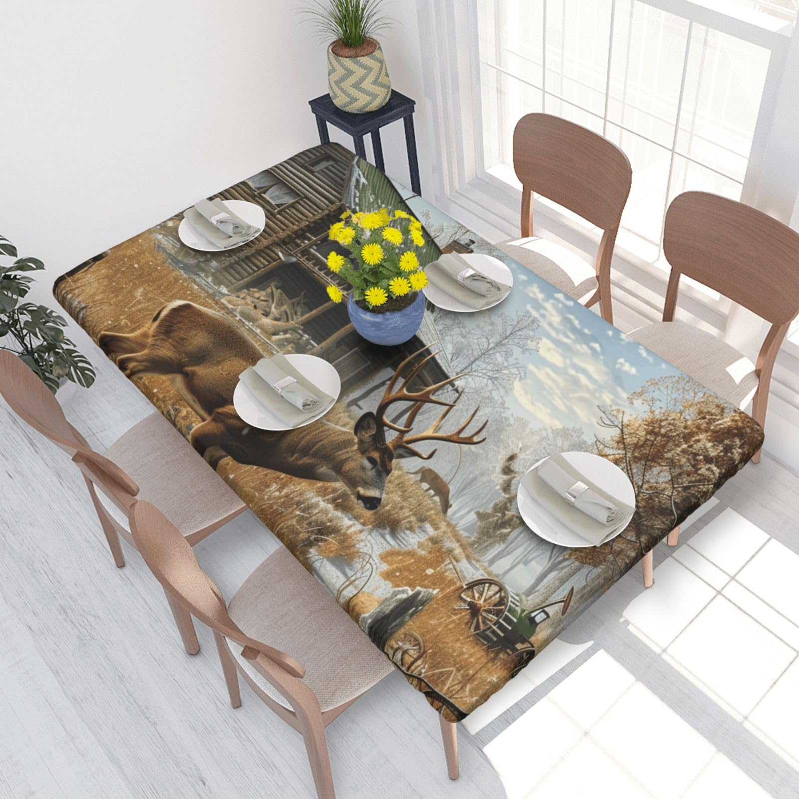 DCARSETCV Deer Hunting Printed 4FT Waterproof Tablecloth with Elastic Edged Protect & Decor Your Table, Oil-proof Washable Table Cloth Cover for Dinner Picnic Party