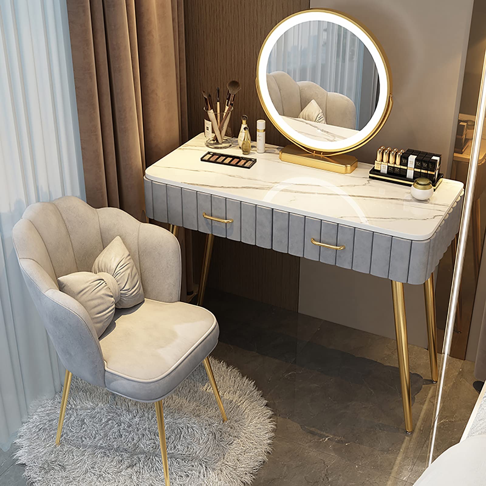CGCSYZ Makeup Vanity Set with LED Mirror & Stool, Solid Wood Dressing Table with Storage, Stylish Makeup Desk for Women, Family Bedroom Furniture (Graychair B 100cm/39.4in)