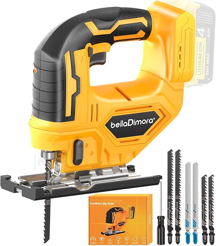 Jigsaw Tool Compatible with DeWalt 20V MAX Battery | Cordless with LED Light, 0-45° Bevel Cuts, 3 Orbital Settings, Wood/Metal/PVC Cutting, Tool-Free Blade Change (No Battery)
