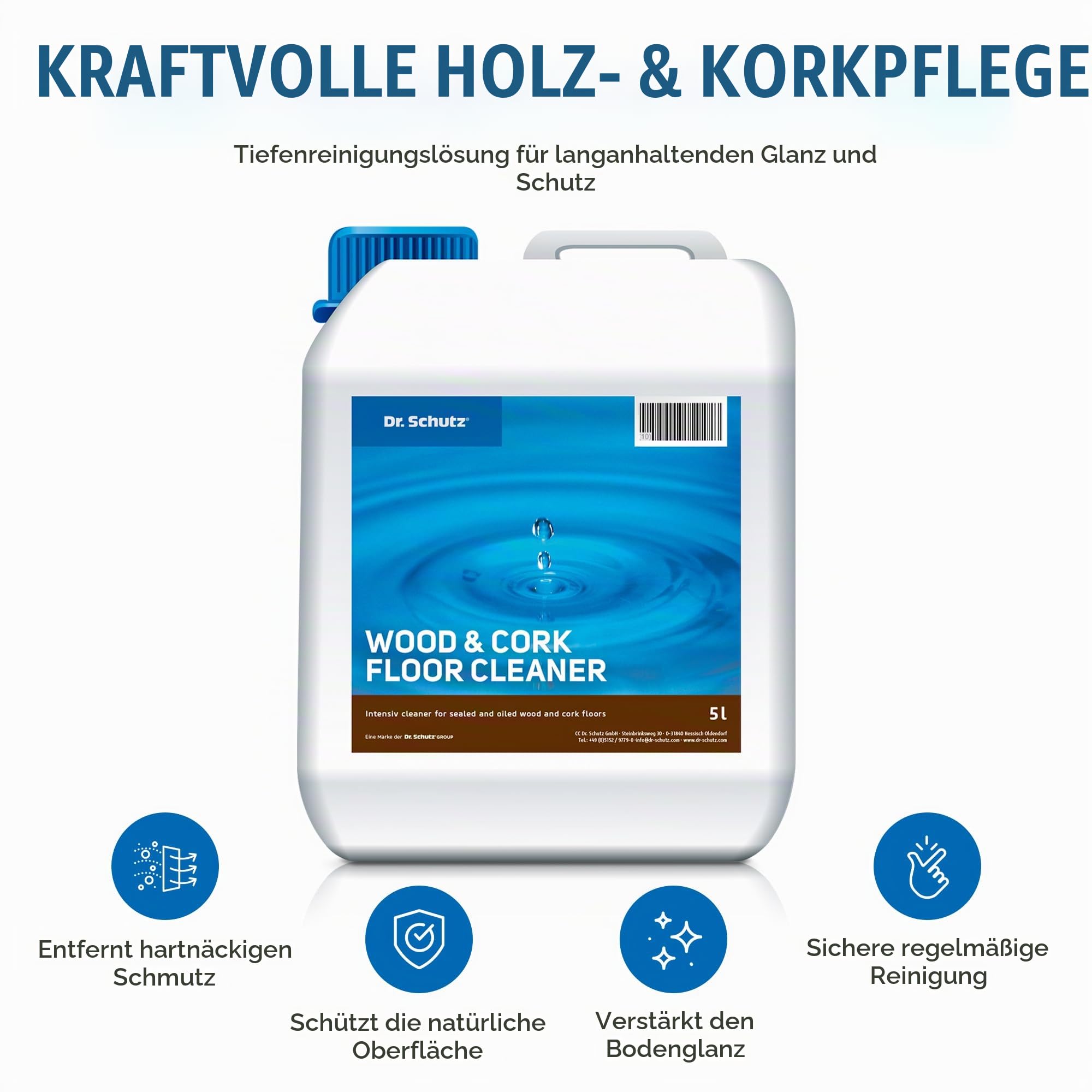 Dr. Schutz Parkett und Kork Reiniger 5 L | entfernt Schmutzablagerungen und löst Fettflecken | geeignet für die Unterhaltsreinigung und Bauschlussreinigung | lösemittelfrei | Made in Germany