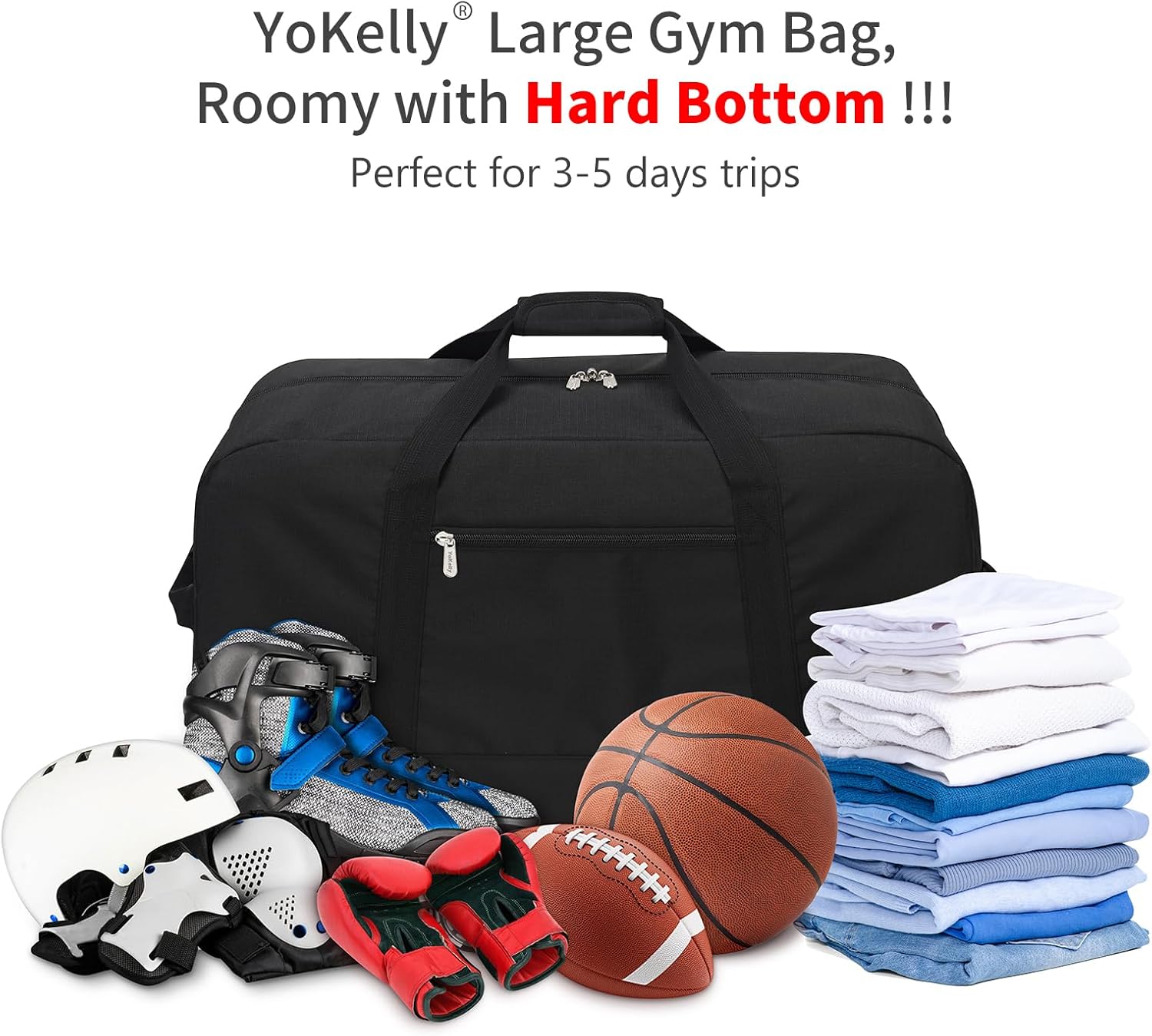 55L Large Duffle Bag for Men Travel - 25 inch Weekender Duffel Bag with Hard Bottom - Black - Image 3