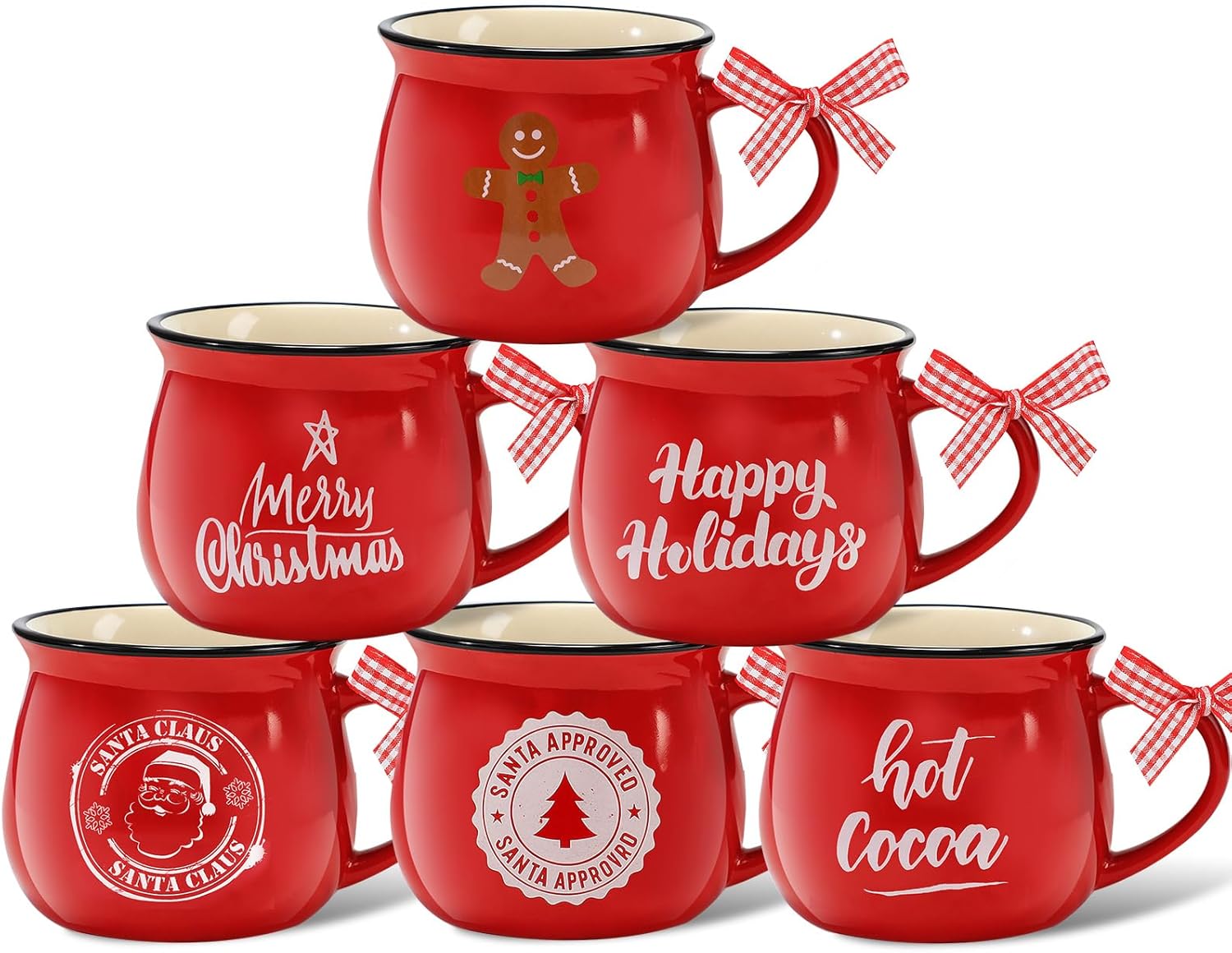 Sawysine Christmas Coffee Mugs Set of 6, 12 oz Ceramic Mug Gift Holiday Hot Cocoa for Family Mom Woman Friend Farmhouse (Gingerbread Man Style)
