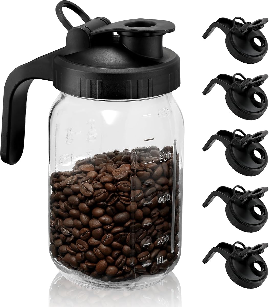 Wide Mouth Mason Jar Lids with Handle 6Pack Black, Plastic Mason Jar Pour Spout Lid, Reusable Flip Cap Lid, Canning Lids with Leak-proof Airtight Seal (Jar Not Included)