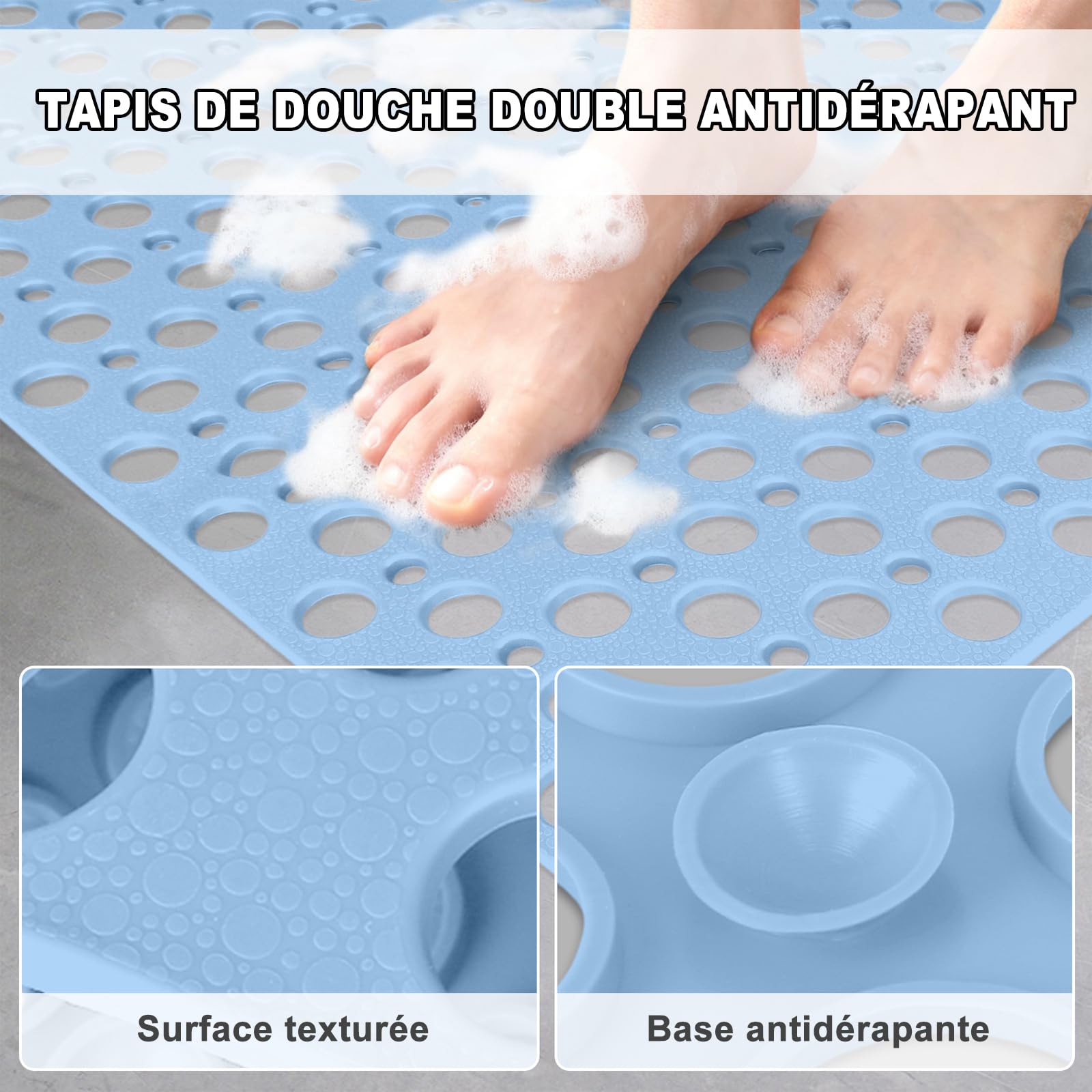 Tappetino doccia antiscivolo, 80 x 120 cm, tappetino da bagno con ventose, tappetino da bagno con fori di scarico, grande tappetino antiscivolo in TPE ad asciugatura rapida (grande blu, 120 x 80 cm)