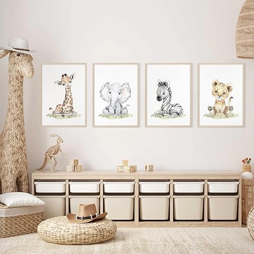Miniatura 4 de Arte de pared de safari para cuarto de bebé, lienzo de animales de bebé, decoración de pared de bosque y guardería, imágenes de animales de selva,