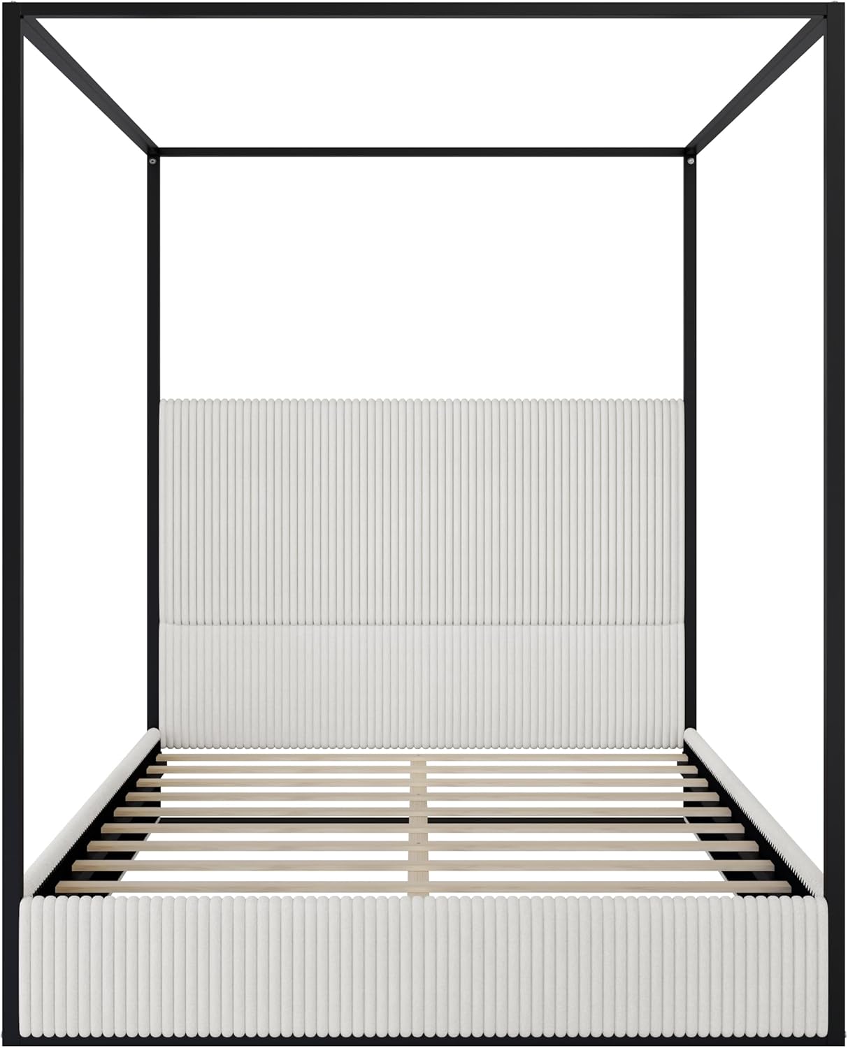 Merax Modern Luxury Queen Metal Canopy Bed with Tall Upholstered Headboard, Gold Four Poster Bed, No Box Spring Needed, White