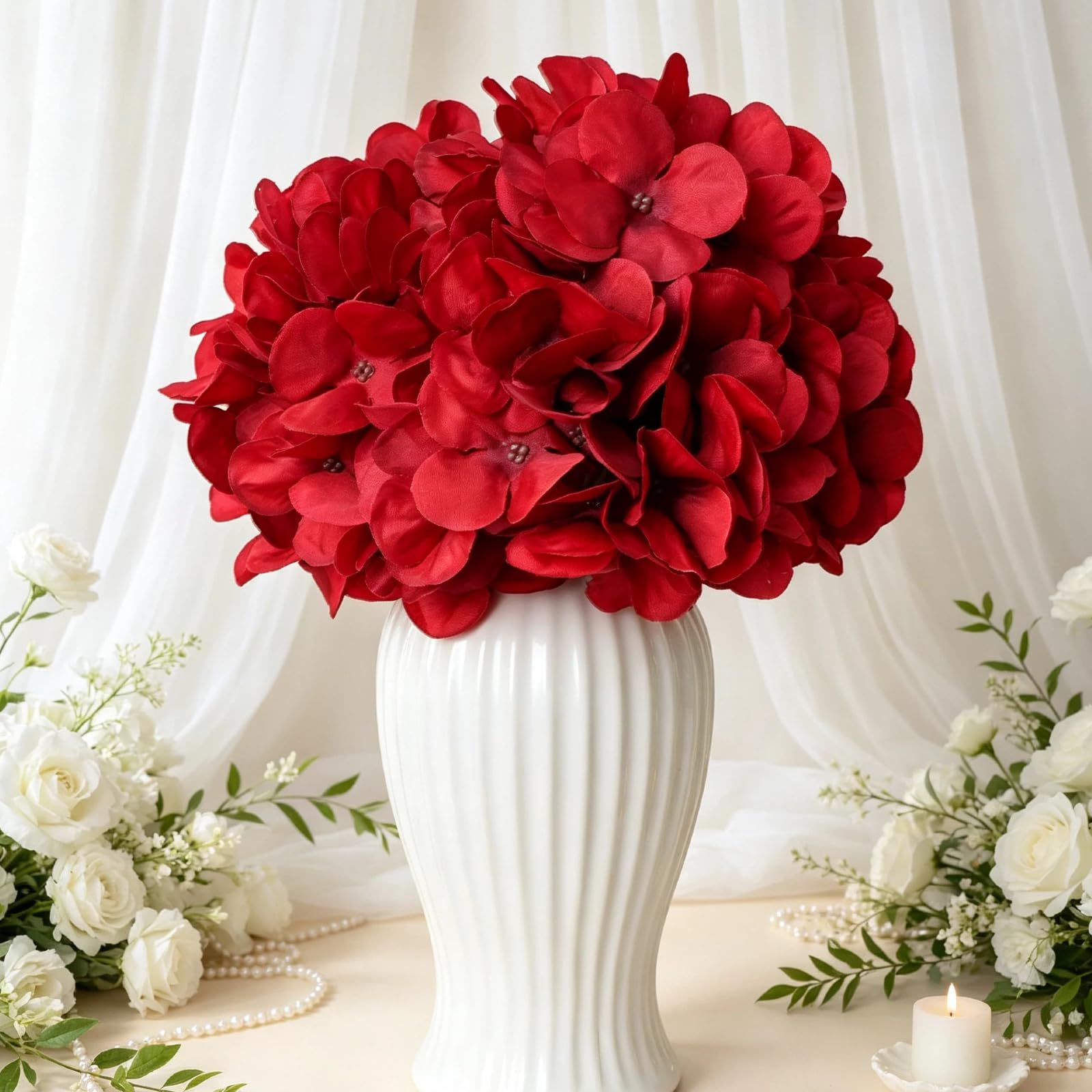 104 flores artificiales de hortensias de seda, color rojo