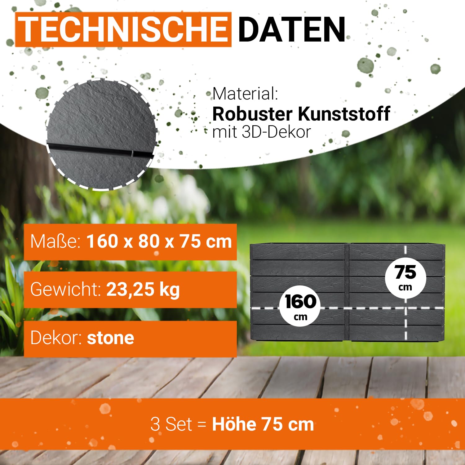 Garantia Ergo Quadro 2 L 75 Hochbeet - Stone ergonomisches Gartenhochbeet aus Kunststoff - Stecksystem mit Bewässerung für Gemüse Kräuter und Blumen - für Garten Terrasse und Außenbereich