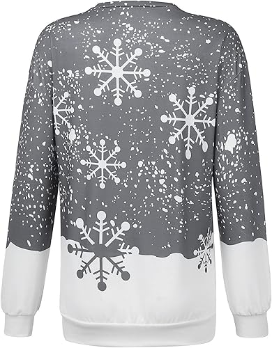 Miniatura 4 de SNKSDGM Sudadera casual con cuello redondo para mujer, diseño de copos de nieve, con estampado de alce y copos de nieve, de manga larga, sin