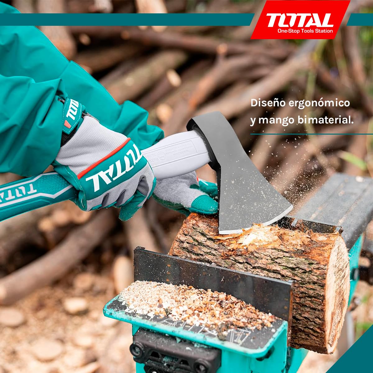 TOTAL - Hacha para leña - Acero al Carbono - Mango Bimaterial y Ergonómico - para tareas de Bricolaje, Camping y Jardinería - Peso: 1000 g