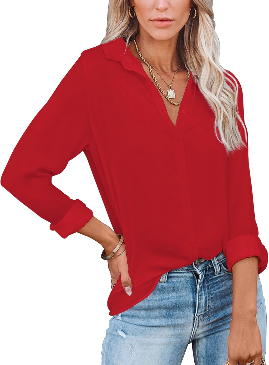 Diosun Womens Button Down V Neck Shirts Long/Short Sleeve Office Casual Business Plain Blouses Tops