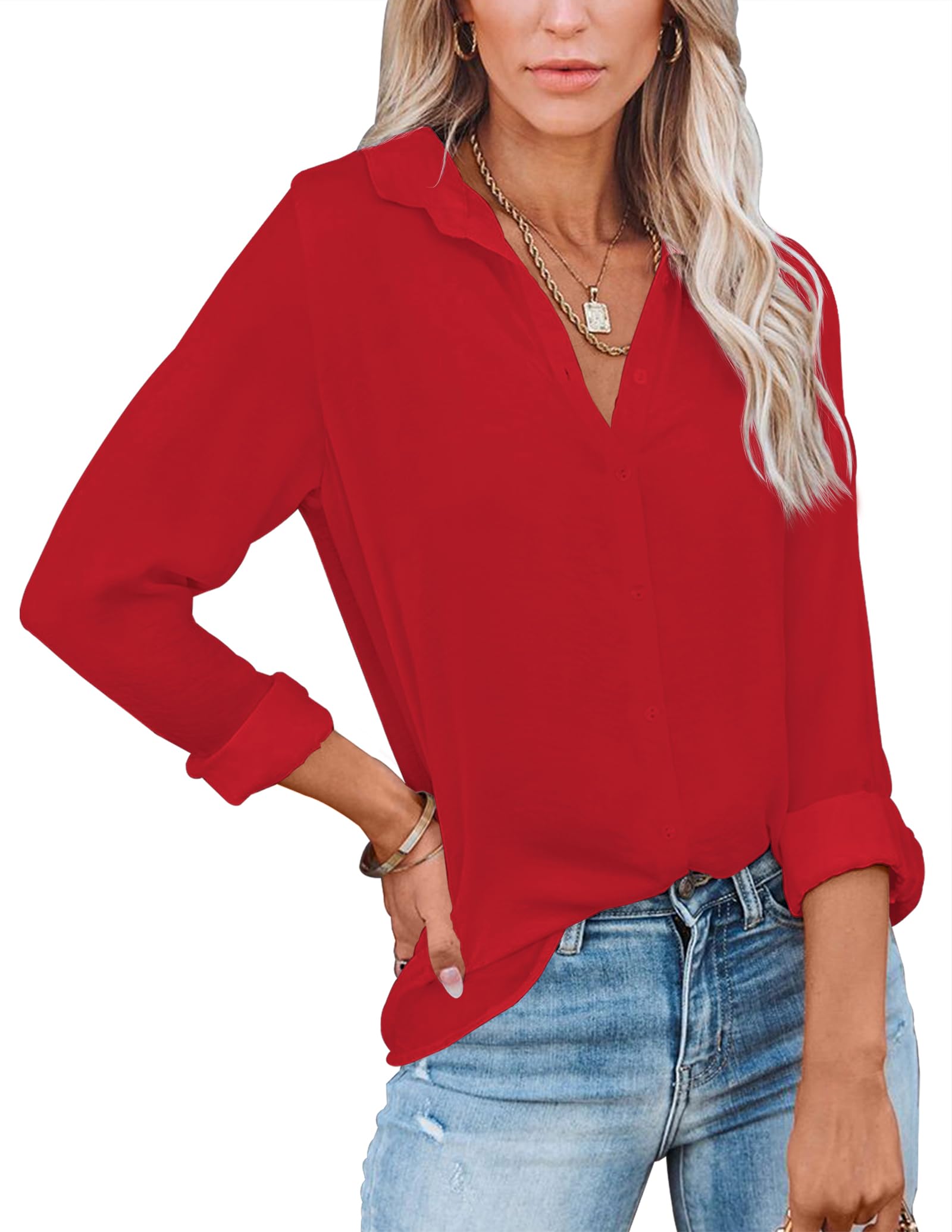 Diosun Womens Button Down V Neck Shirts Long/Short Sleeve Office Casual Business Plain Blouses Tops