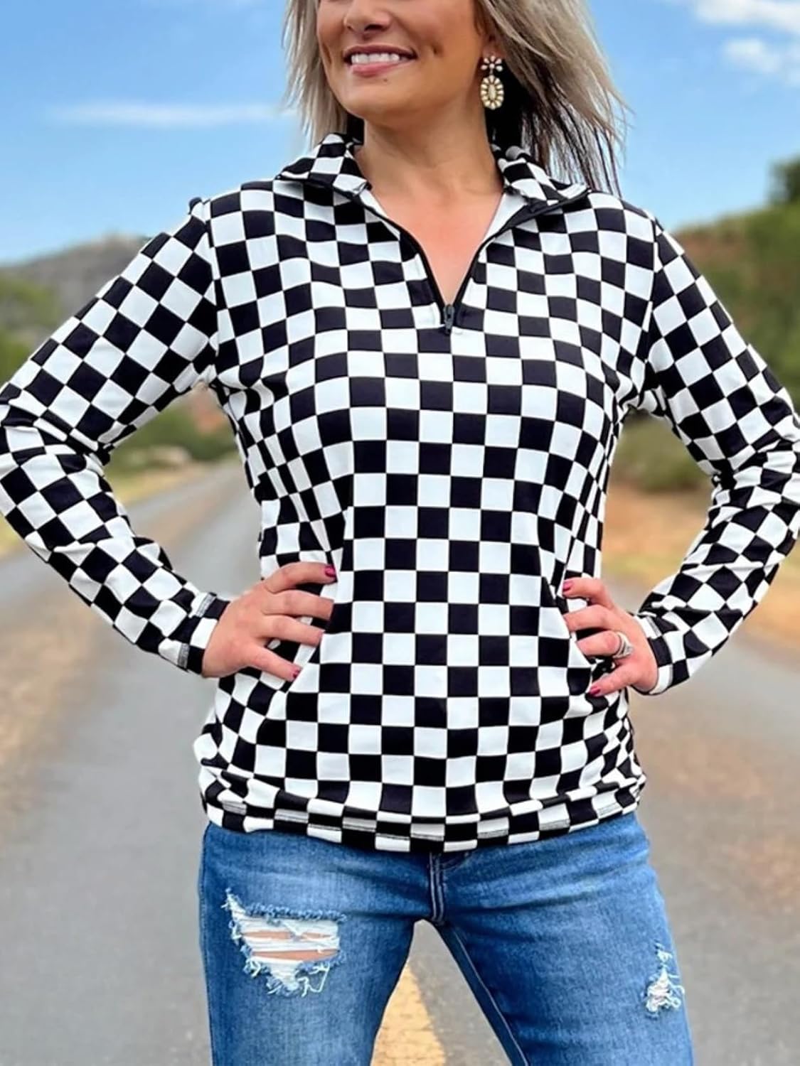 Womens Pep Rally Checkered Sweatshirts Game Day Spirit Shirt Quarter Zip Long Sleeves Pullover Tops with Pocket